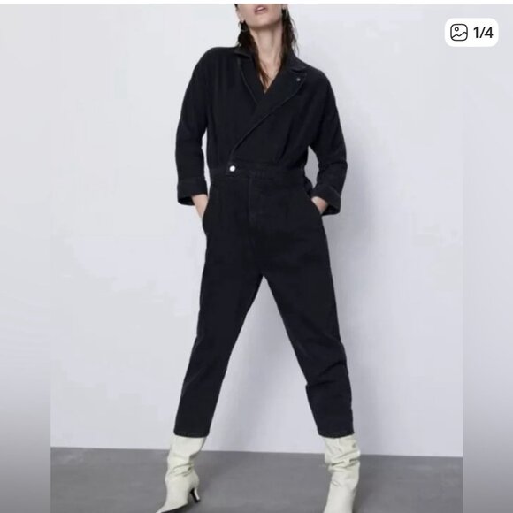 Zara Black Denim Lyocell Cotton Jumpsuit Long Sleeve Utility Boiler Suit Size XS - Picture 10 of 14